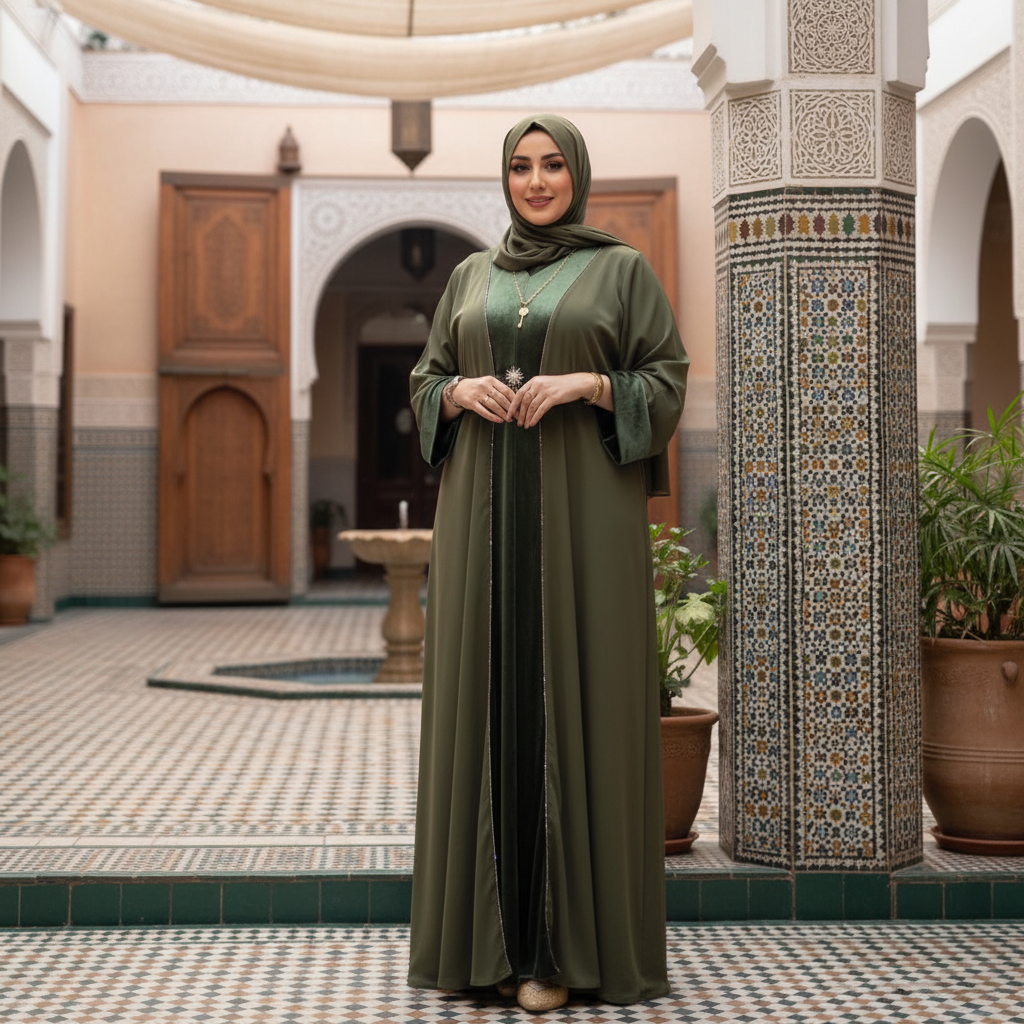 Abaya Élégance Prestige – Noir & Vert Profond